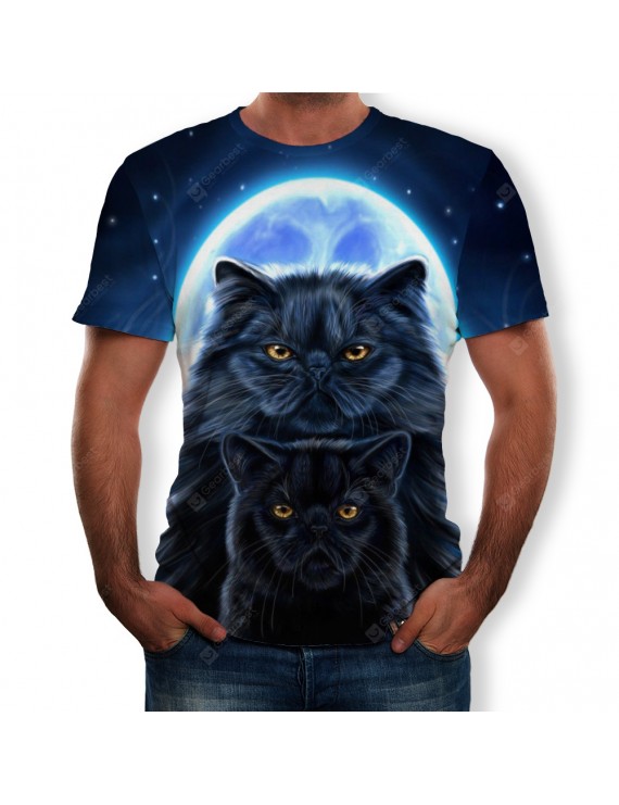 3D Summer Fashion Moonlight Cat Print Men's Short Sleeve T-shirt