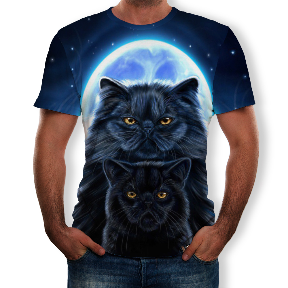 3D Summer Fashion Moonlight Cat Print Men's Short Sleeve T-shirt- Multi M